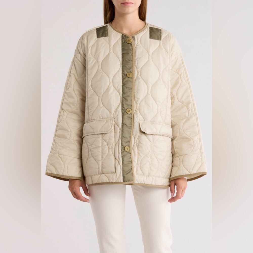 Hudson Jeans Natural Olive Trim Oversized Liner Quilted Puffer Jacket L NWT
